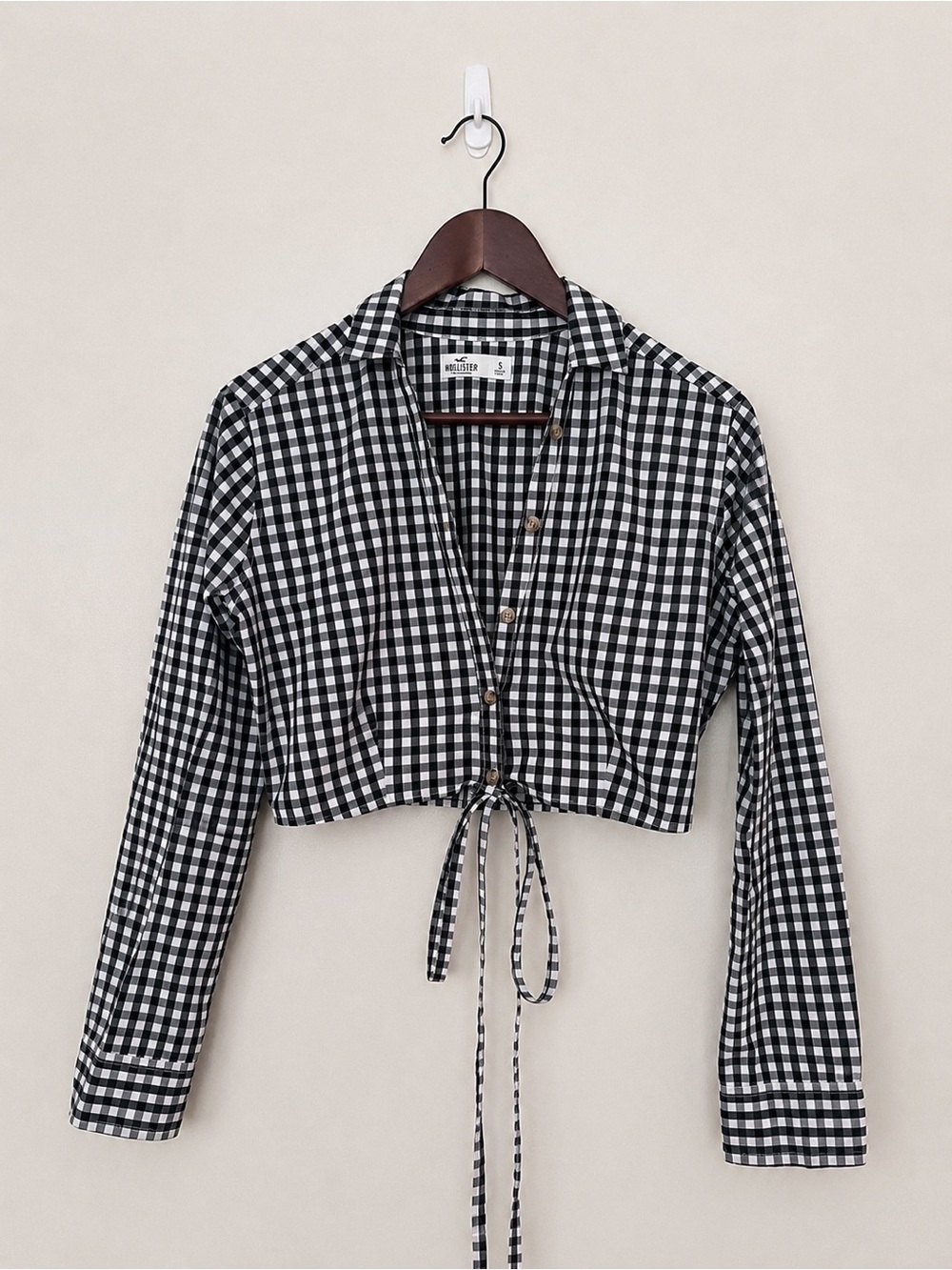 Hollister Black White Gingham Tie Front Cropped Button-Up Shirt Size S NWOT